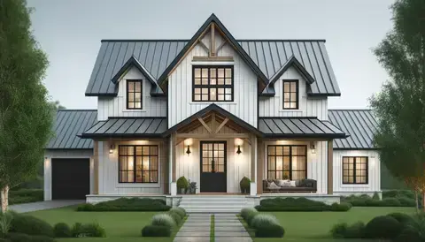 Modern farmhouse with white siding, gabled roof, black-framed windows, and front porch.