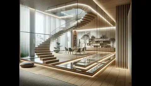 Elegant modern staircase with glass and steel, in a minimalist home setting.