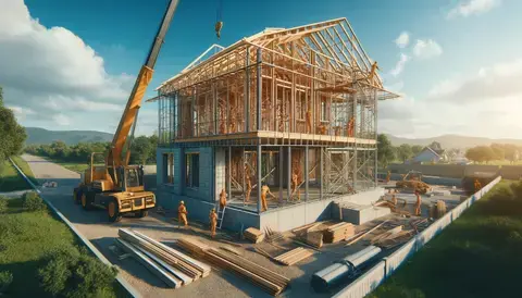 Modern house under construction with framework, workers, and construction materials.