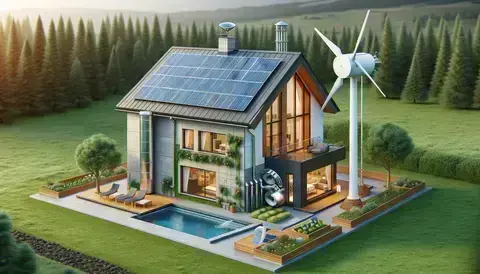 Modern house with solar panels, a wind turbine, and a geothermal heating system.