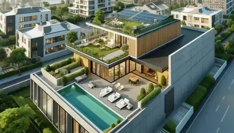 Modern rooftop with leisure space and green features.