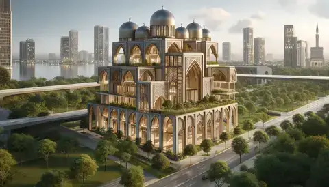 Buildmodern Islamic building: integration of traditional arch designs.