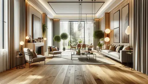 Modern living room with engineered wood flooring, large windows, elegant furniture, and cozy decor.
