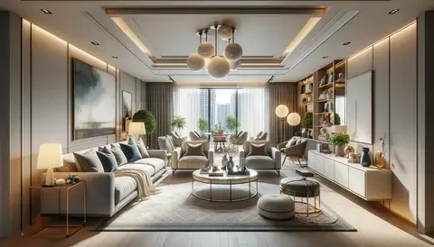 Modern living room showcasing layout, furniture, colors, lighting, and decorations for interior design.