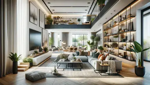 Modern living room with open floor plan, large windows, neutral tones, and smart home devices.