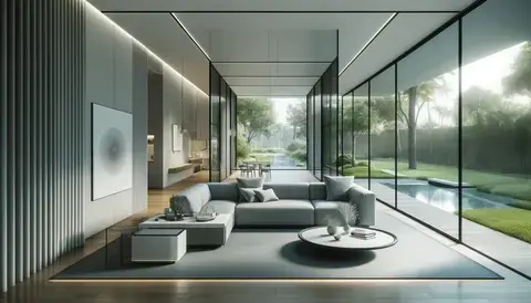 Modern living room with minimalistic furniture and smart home devices.