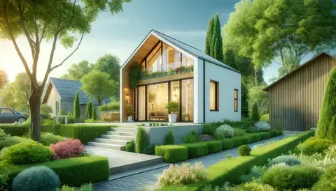 Modern small house surrounded by lush garden.