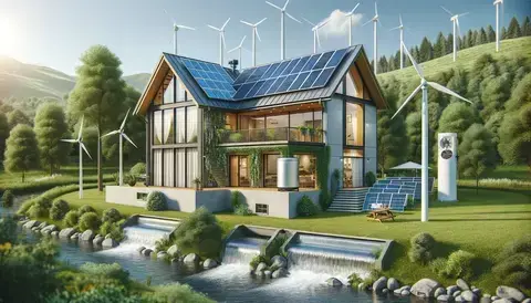 A modern sustainable house featuring various renewable energy systems, including solar panels on the roof.