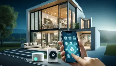Modern sustainable house with smart thermostat, smart lighting, and energy monitoring system.