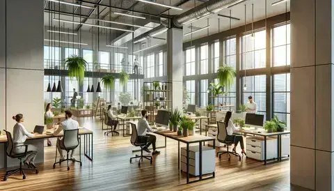 Modern office with natural light and indoor plants.