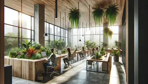 Modern office with natural light and indoor plants.