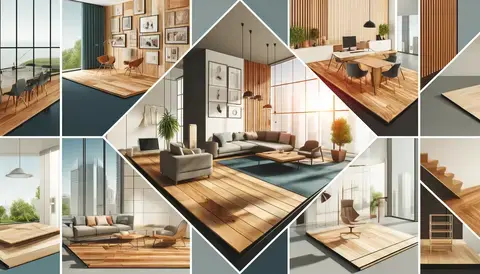Illustrations of modern uses of engineered wood in flooring, office spaces, furniture, and innovative designs.