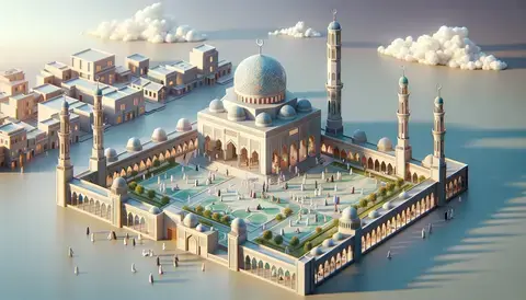 Mosque showcasing Islamic architectural elements like a minaret, dome, and courtyard.