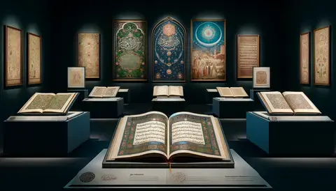 Museum exhibit displaying beautifully illuminated Islamic manuscripts.