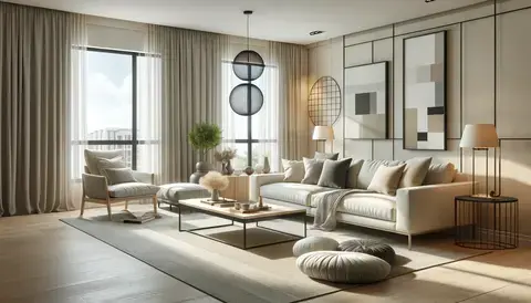 Living room with neutral tones, featuring comfortable seating, a coffee table, and minimalistic decor.