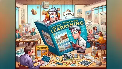 Cartoon character learning as an architect, attending workshops, reading, and networking.