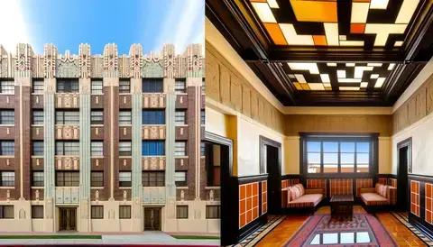 Symmetrical facades with geometric ornamentation and terra cotta in The Normandie Apartments, LA.