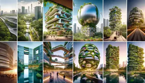 Collection of notable biophilic architecture projects featuring The Edge, Bosco Verticale, Amazon Spheres, Marina One, and Pasona Urban Farm.