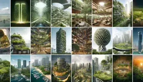 Collage of notable biophilic buildings including The Edge, Marina One, Amazon Spheres, Bosco Verticale, and Pasona Urban Farm.