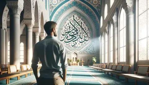 A tall man peacefully standing in a mosque, looking at Ayat al-Kursi and Bismillah calligraphy.