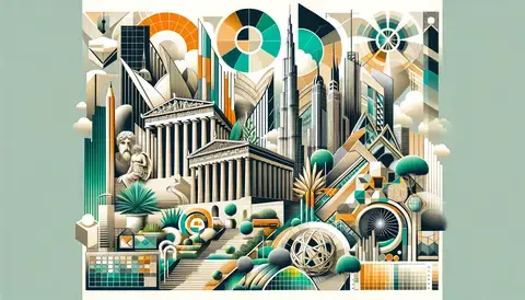 Collage of design and architecture featuring iconic structures, geometric patterns, color palettes, and modern trends like sustainable design and smart buildings.
