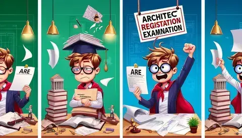 Cartoon character studying for architect exam and celebrating with certificate and cape.