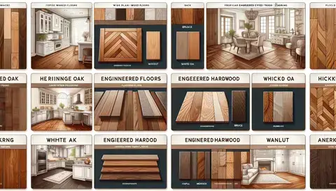 Engineered wood flooring varieties, including herringbone, wide plank, and various wood species.