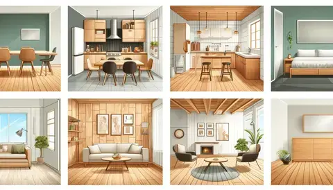 Illustrations of engineered wood used in kitchens, bathrooms, furniture, wall panels, and ceiling beams.