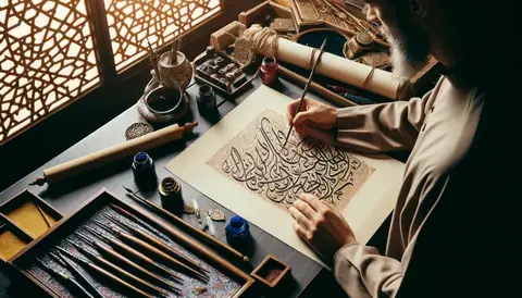 A Muslim artist practicing calligraphy with various tools.