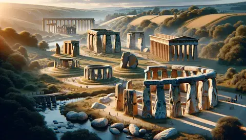 Ancient European architecture featuring megalithic monuments and classical ruins in natural settings.