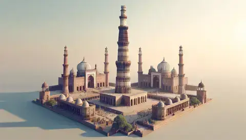 The Qutub Minar complex, highlighting main structures like Qutub Minar, Iron Pillar, and Imam Zamin Tomb.