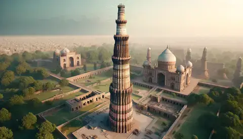 Iconic Qutub Minar, a 73-meter tall historical tower in Delhi, India.