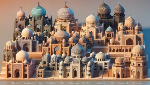 Diverse Islamic architecture from Middle East, South Asia, North Africa, and Southern Europe.