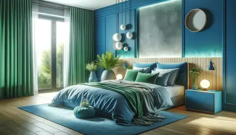 Calm bedroom with blue and green decor, featuring a comfortable bed with blue linens and green accents.