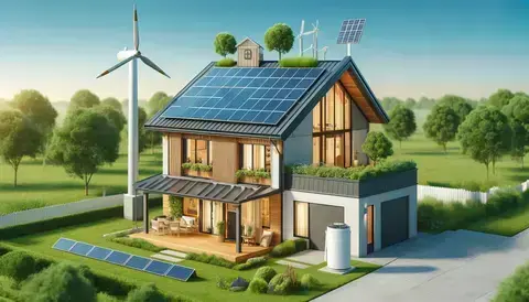 Modern home with solar panels, wind turbine, and geothermal system.