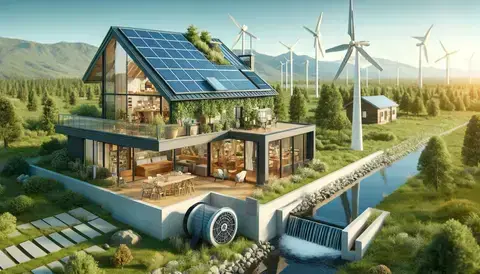 Modern sustainable house with solar panels, wind turbine, and hydro system.