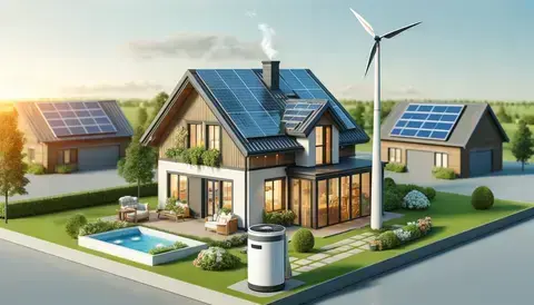 A modern home with solar panels, wind turbine, and geothermal system.