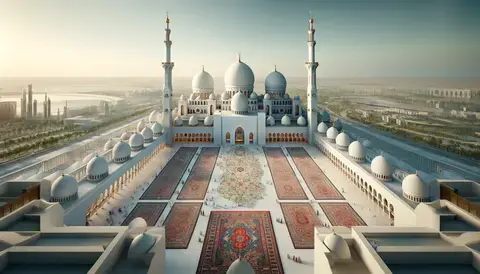 Sheikh Zayed Grand Mosque in Abu Dhabi with 82 domes and vast scale.