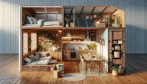 Small house interior with multifunctional furniture and sustainable materials