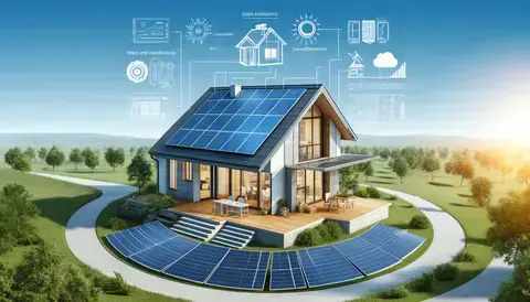 Modern home with solar panels and technical diagrams.
