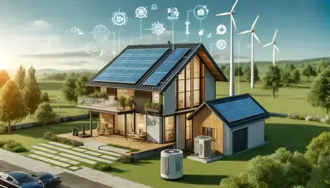 Modern home with solar panels, wind turbine, and geothermal system.