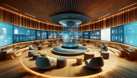 Immersive space with interactive screens and ambient lighting.