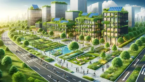 Modern urban planning with green spaces and integrated architecture.