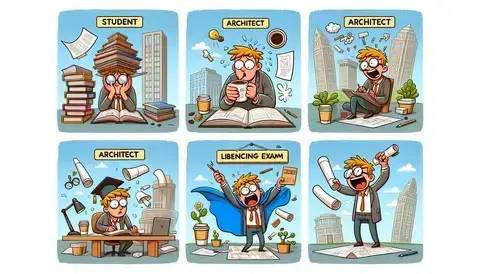 Funny cartoon scenes showing steps to become an architect: studying, sketching, taking the exam, celebrating.