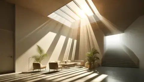 Sunlight streaming through a skylight in a modern interior with minimalist furniture.