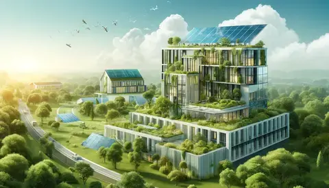 Modern eco-friendly building with green roofs, solar panels, and integrated green spaces.