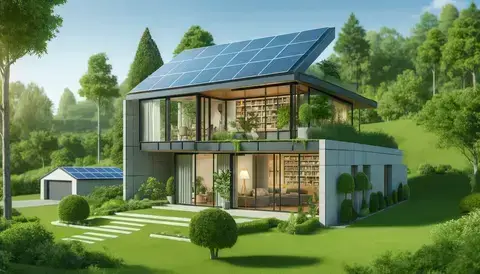 Modern sustainable house with solar panels and greenery.