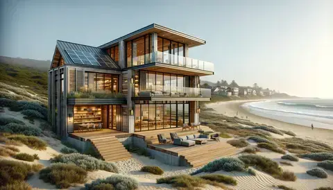 Sustainable beach house in California with reclaimed wood, solar panels, and large windows.