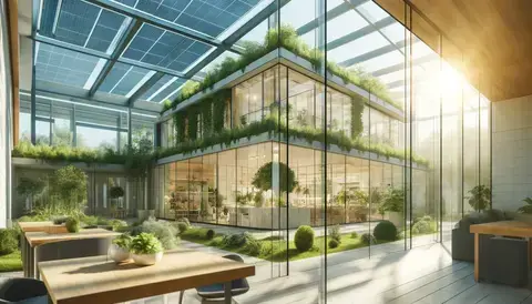 Modern sustainable building with natural light, green roofs, and solar panels.