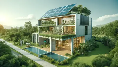 Eco-friendly building with solar panels, large windows, and greenery, representing sustainable design.